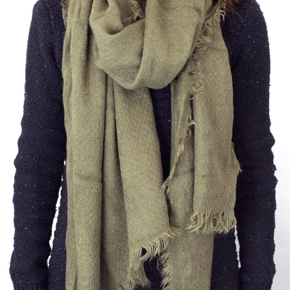 Olive Green Frayed Edge Cashmere Blend Blanket Wrap Scarf